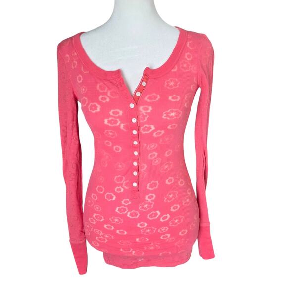 Aeropostale Pink Burnout Floral Thermal Henley Top Long Sleeve Waffle Knit S - Picture 1 of 6